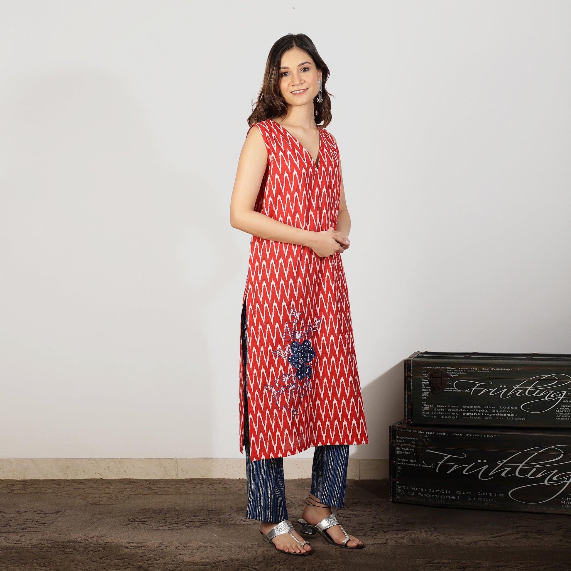 Red ikat kurta with appliqué embroidery - Spring Soul