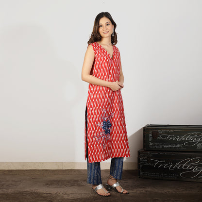 Red ikat kurta with appliqué embroidery - Spring Soul
