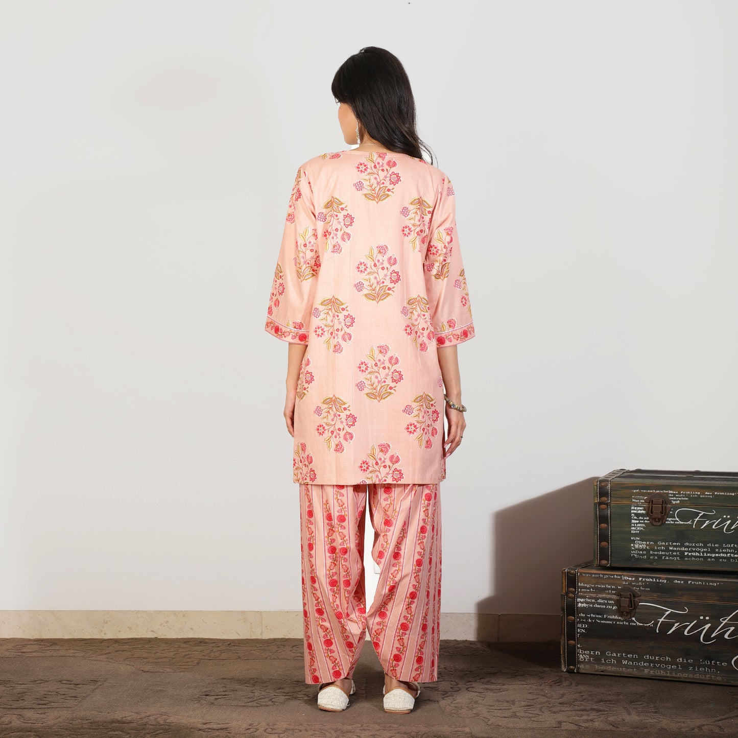 Pink Cotton kurta set with Farshi salwar and Sequin highlight