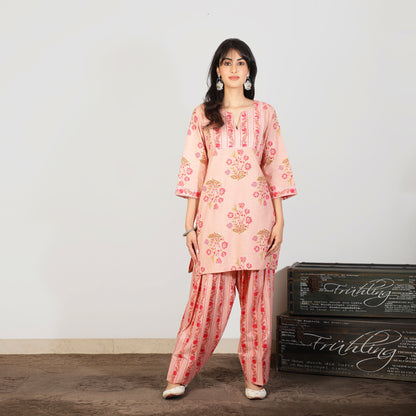 Pink Cotton kurta set with Farshi salwar and Sequin highlight