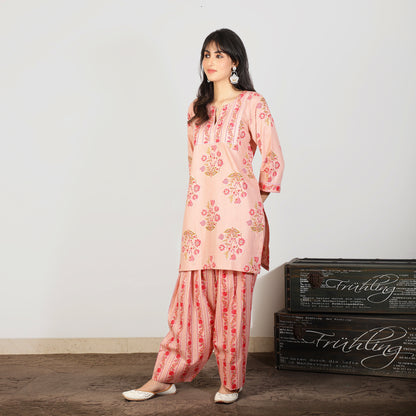 Pink Cotton kurta set with Farshi salwar and Sequin highlight