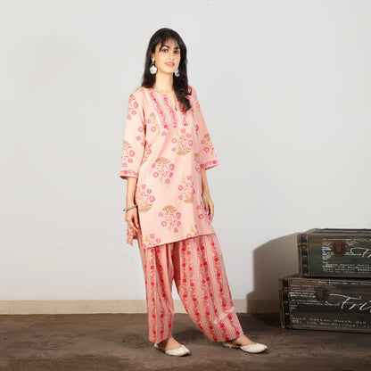 Pink Cotton kurta set with Farshi salwar and Sequin highlight
