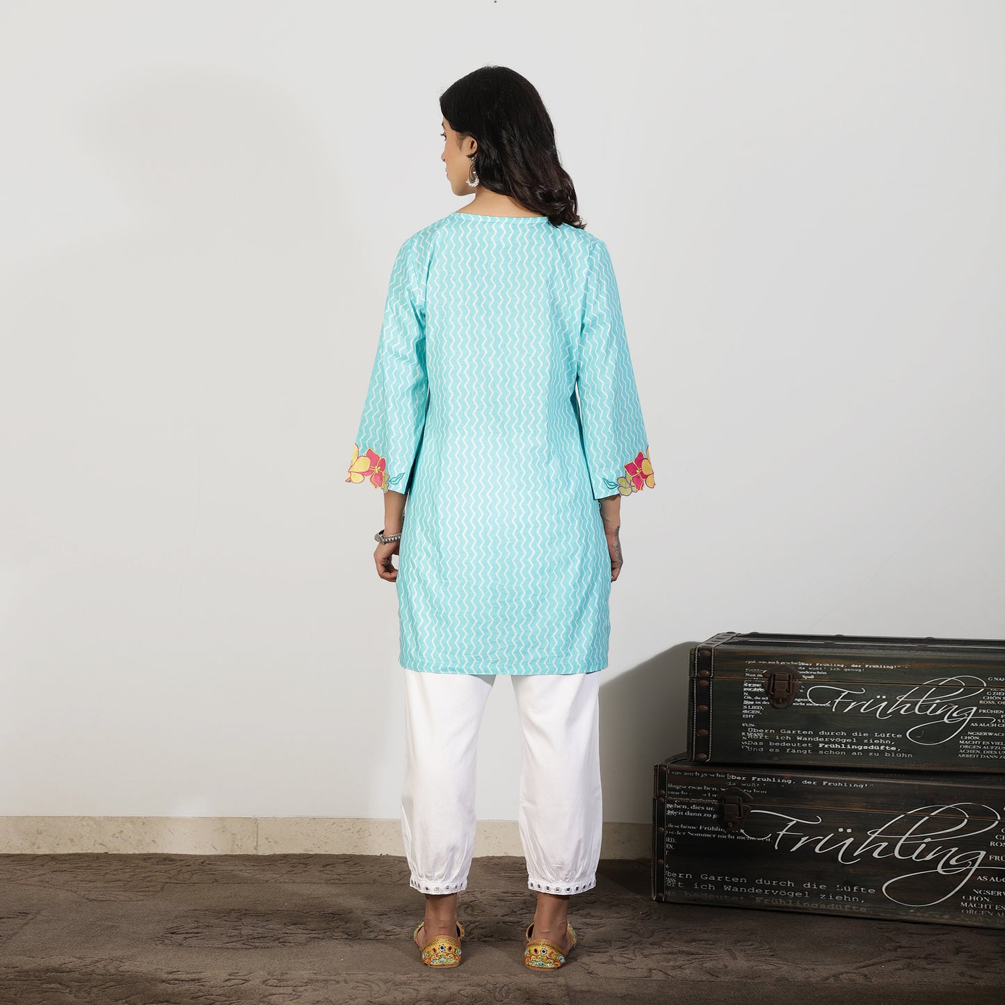Aqua Blue Kurta with Applique embroidery and White Harem pants