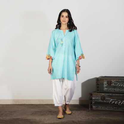 Aqua blue kurta with appliqué embroidery and white harem pants - Spring Soul
