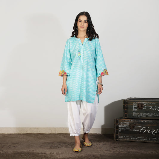 Aqua Blue Kurta with Applique embroidery and White Harem pants