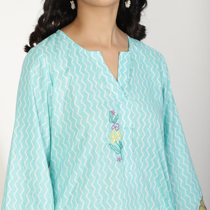 Aqua Blue Kurta with Applique embroidery and White Harem pants