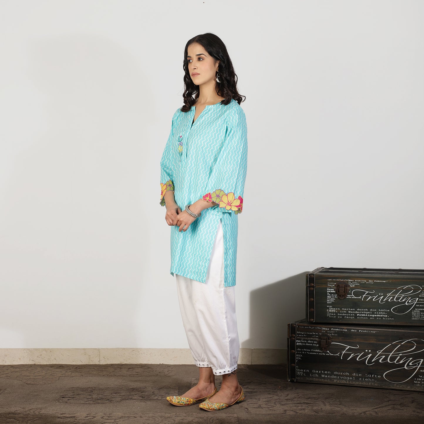Aqua blue kurta with appliqué embroidery and white harem pants - Spring Soul