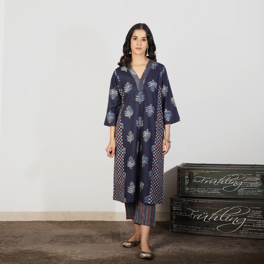 Indigo A-line kali kurta set with Striped pants and doriwork