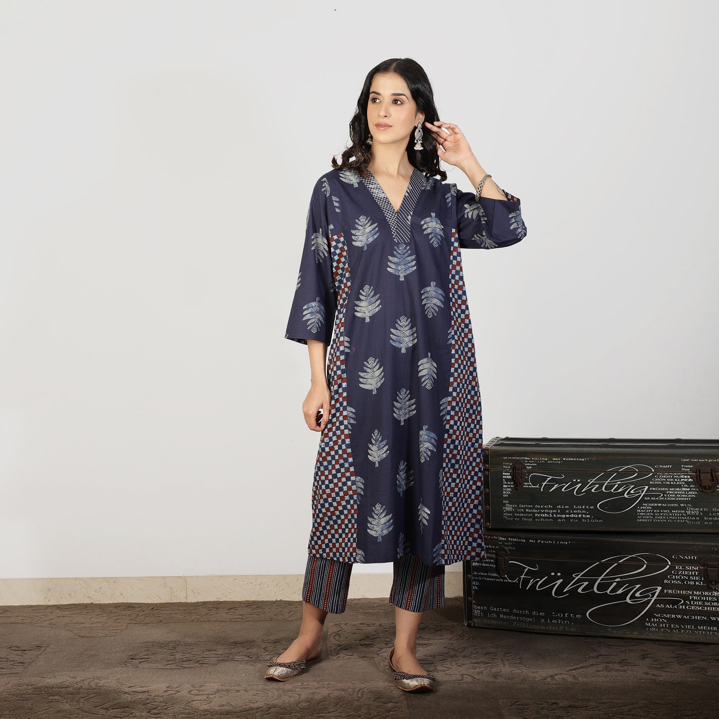 Indigo A-line kurta set with striped pants and doriwork - Spring Soul