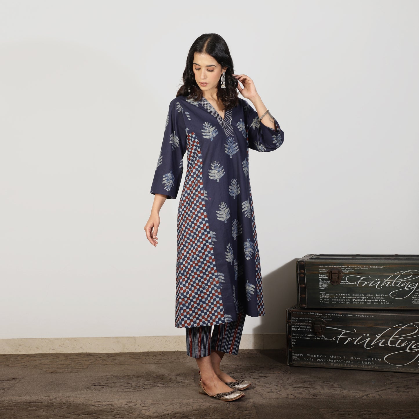 Indigo A-line kali kurta with doriwork