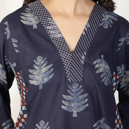 Indigo A-line kali kurta set with Striped pants and doriwork