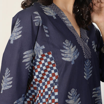 Indigo A-line kali kurta set with Striped pants and doriwork