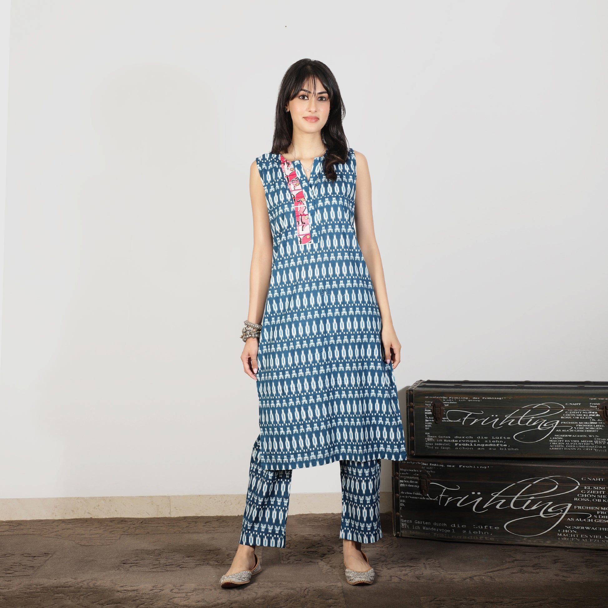 Blue ikat kurta set with contrast trim and threadwork - Spring Soul