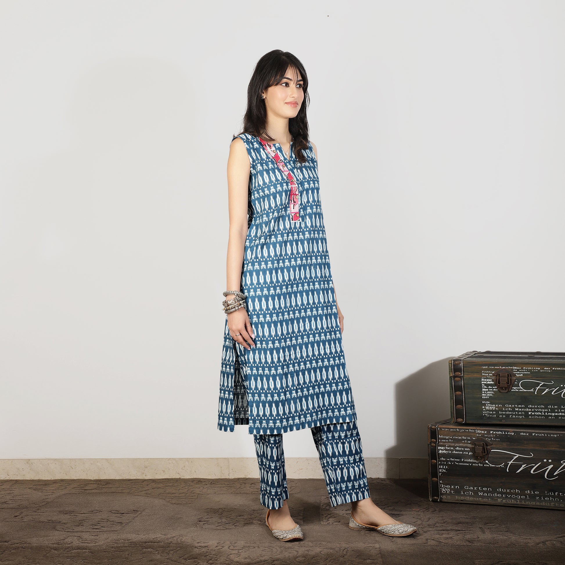 Blue ikat kurta with contrast trim - Spring Soul