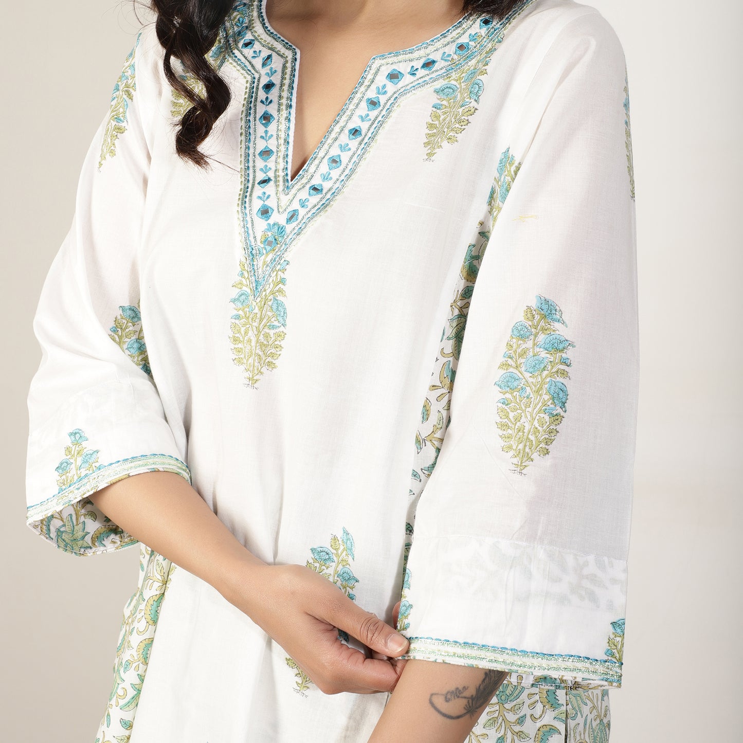 Blue Mughal printed Kurta set with Salwar and mirrorwork