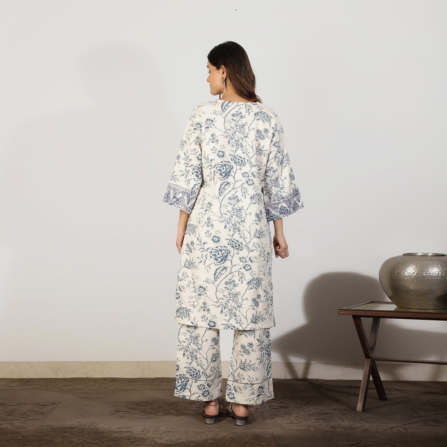 Blue Floral Cotton Flax Co-ord set with Threadwork embroidery