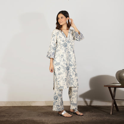 Blue floral cotton flax co-ord set with threadwork embroidery - Spring Soul