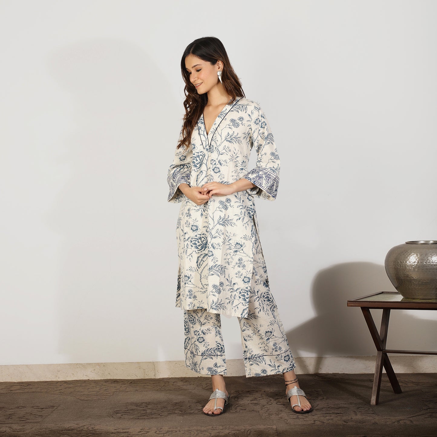 Blue Floral Cotton Flax Co-ord set with Threadwork embroidery