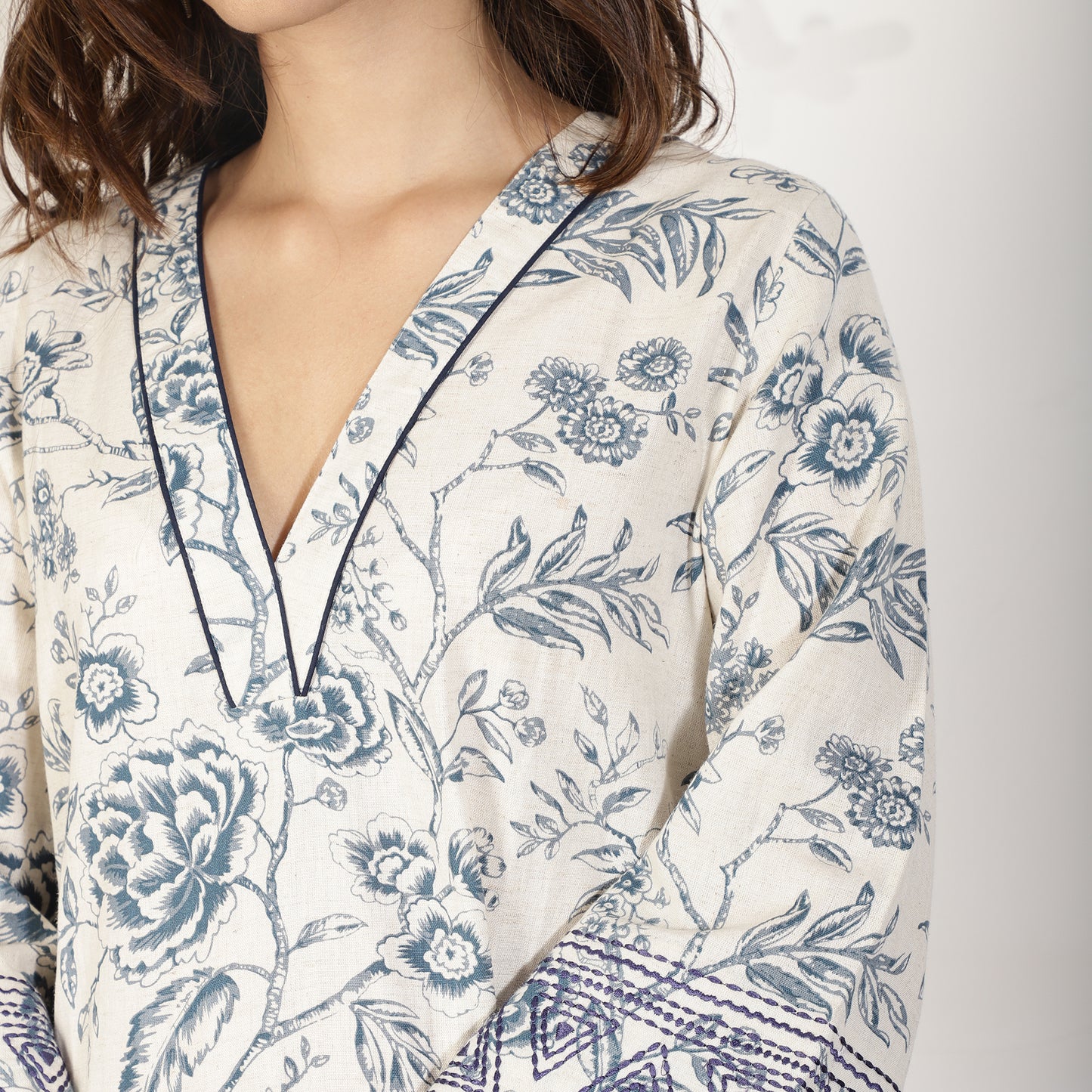 Blue Floral Cotton Flax Co-ord set with Threadwork embroidery
