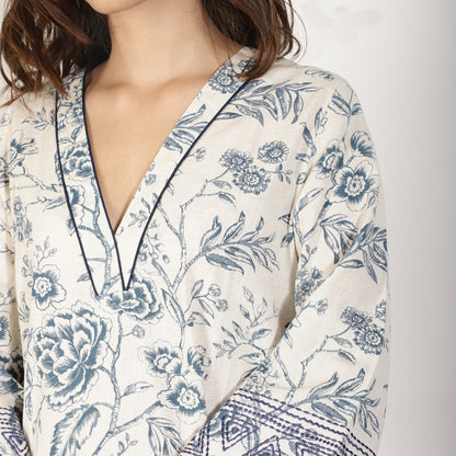 Blue Floral Cotton Flax kurta with Threadwork embroidery