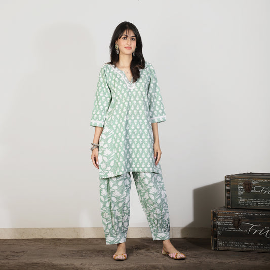 Green Cotton kurta set with Afghani Pants and Lacework