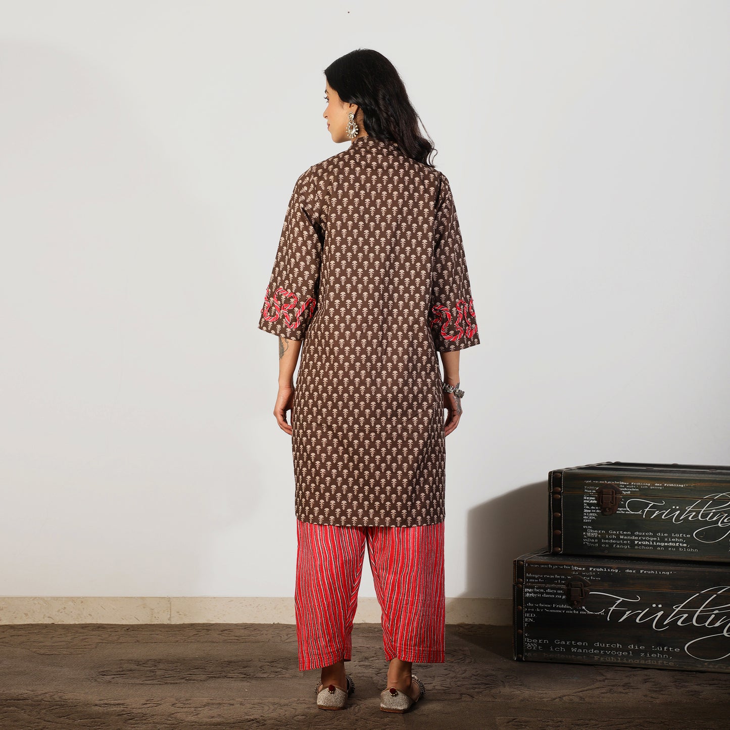 Brown Cotton Kurta with Contrast trim