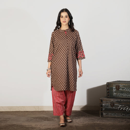 Brown Cotton Kurta with Contrast trim and Striped Pants