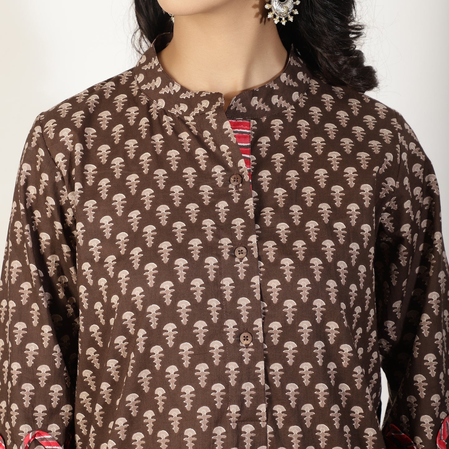 Brown Cotton Kurta with Contrast trim and Striped Pants