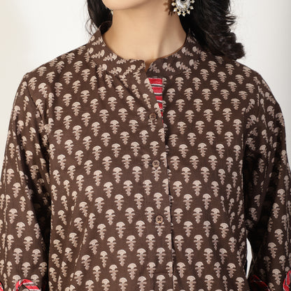 Brown Cotton Kurta with Contrast trim