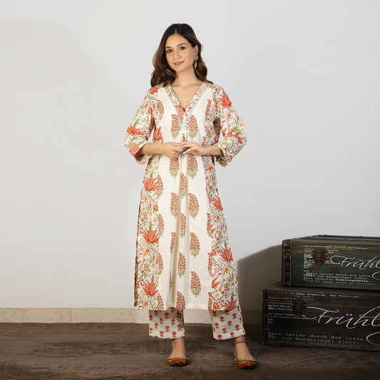 Orange A-line kali Mughal printed Kurta set