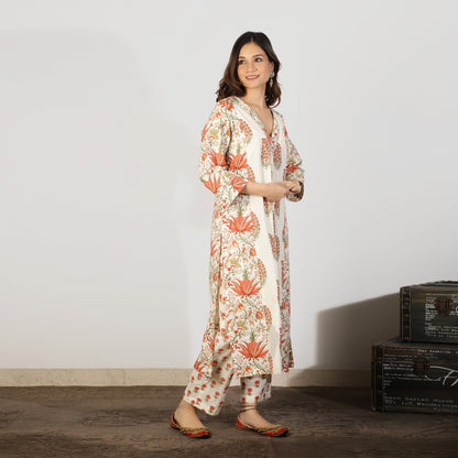 Orange A-line kali Mughal printed Kurta set