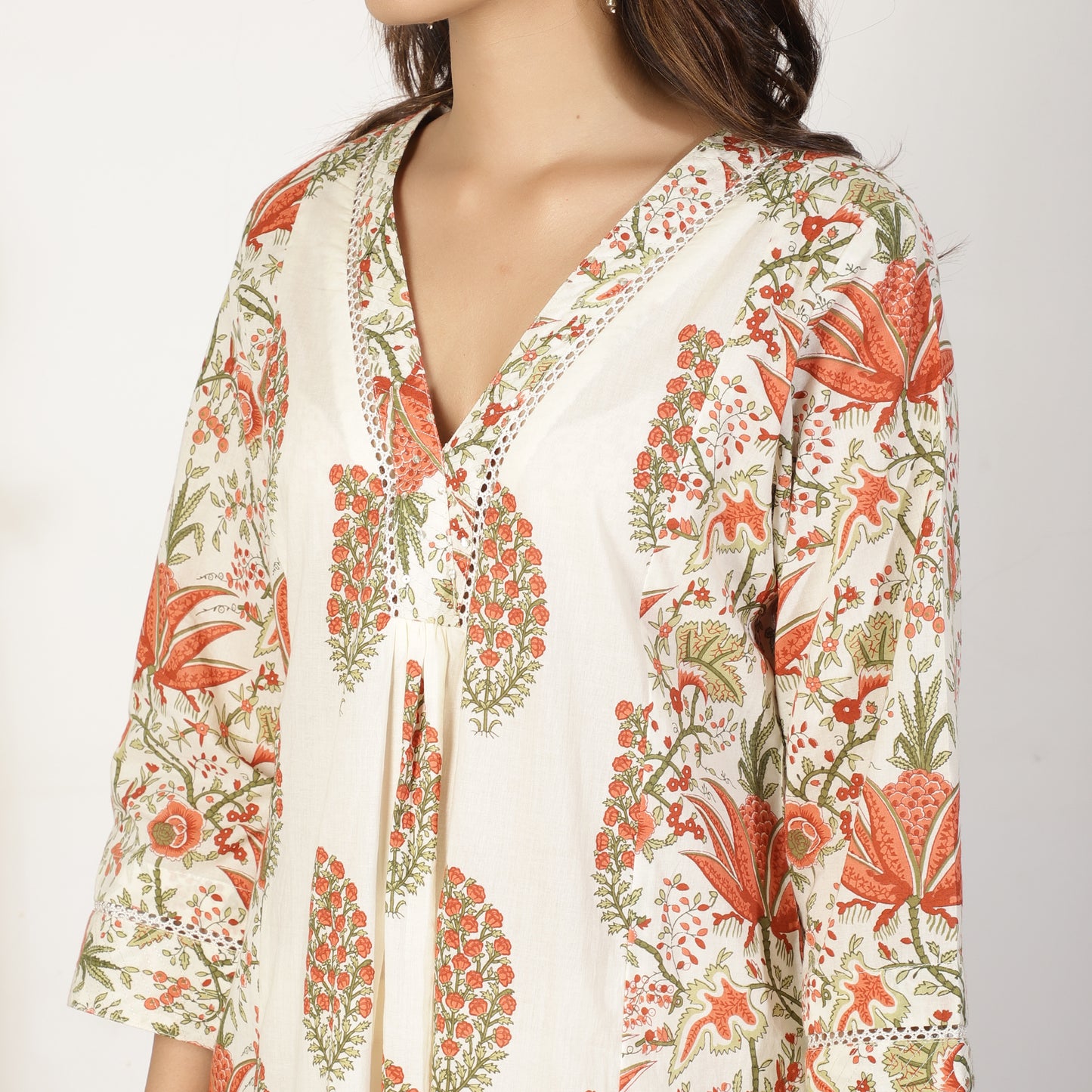 Orange A-line kali Mughal printed Kurta set