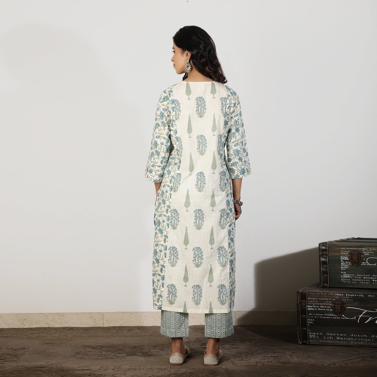 Blue A-line kali Mughal printed Kurta set