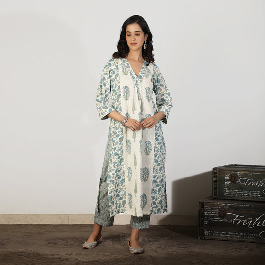 Blue A-line kali Mughal printed Kurta set