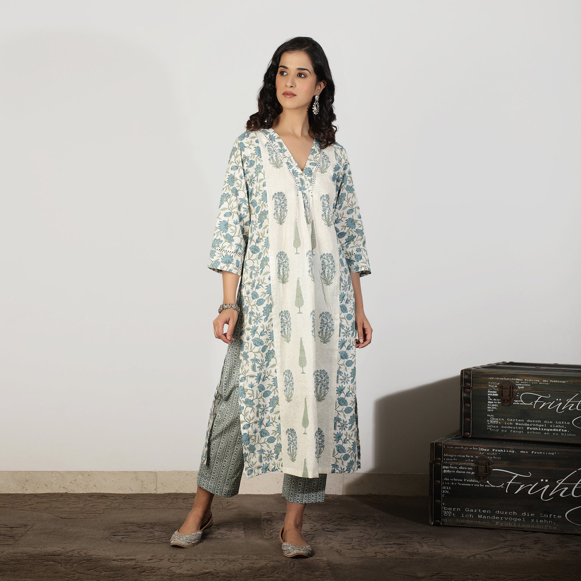 Blue Mughal print A-line kurta - Spring Soul