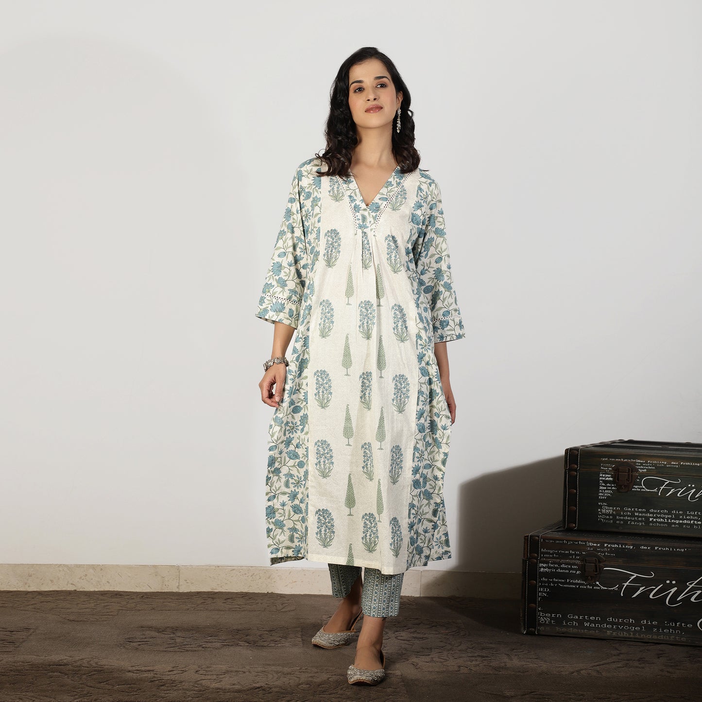 Blue A-line kali Mughal printed Kurta set