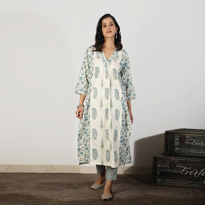 Blue A-line kali Mughal printed Kurta set
