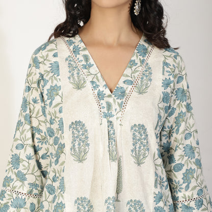 Blue A-line kali Mughal printed Kurta set with Chanderi dupatta