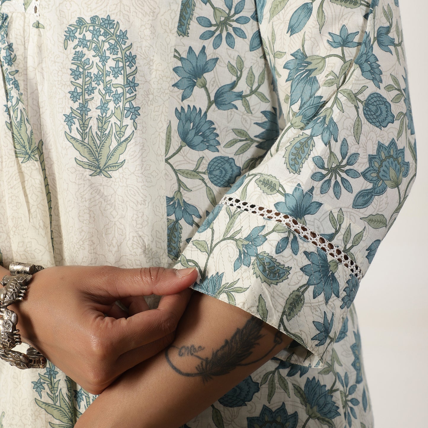 Blue A-line kali Mughal printed Kurta