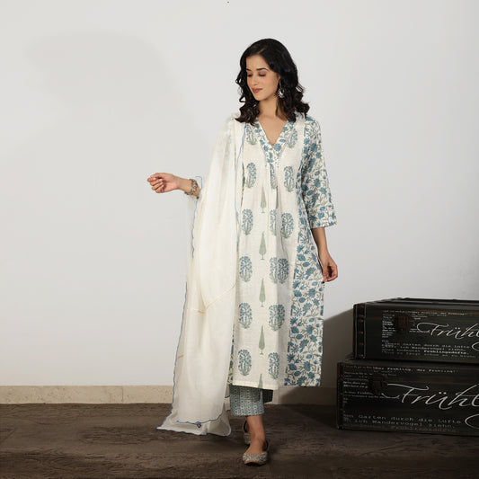 Blue A-line kali Mughal printed Kurta set with Chanderi dupatta