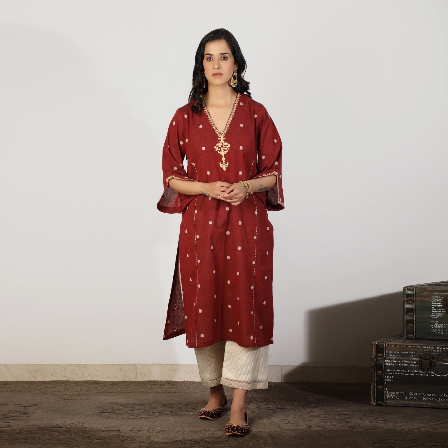 Maroon south cotton A-line kurta set with dupatta - Spring Soul