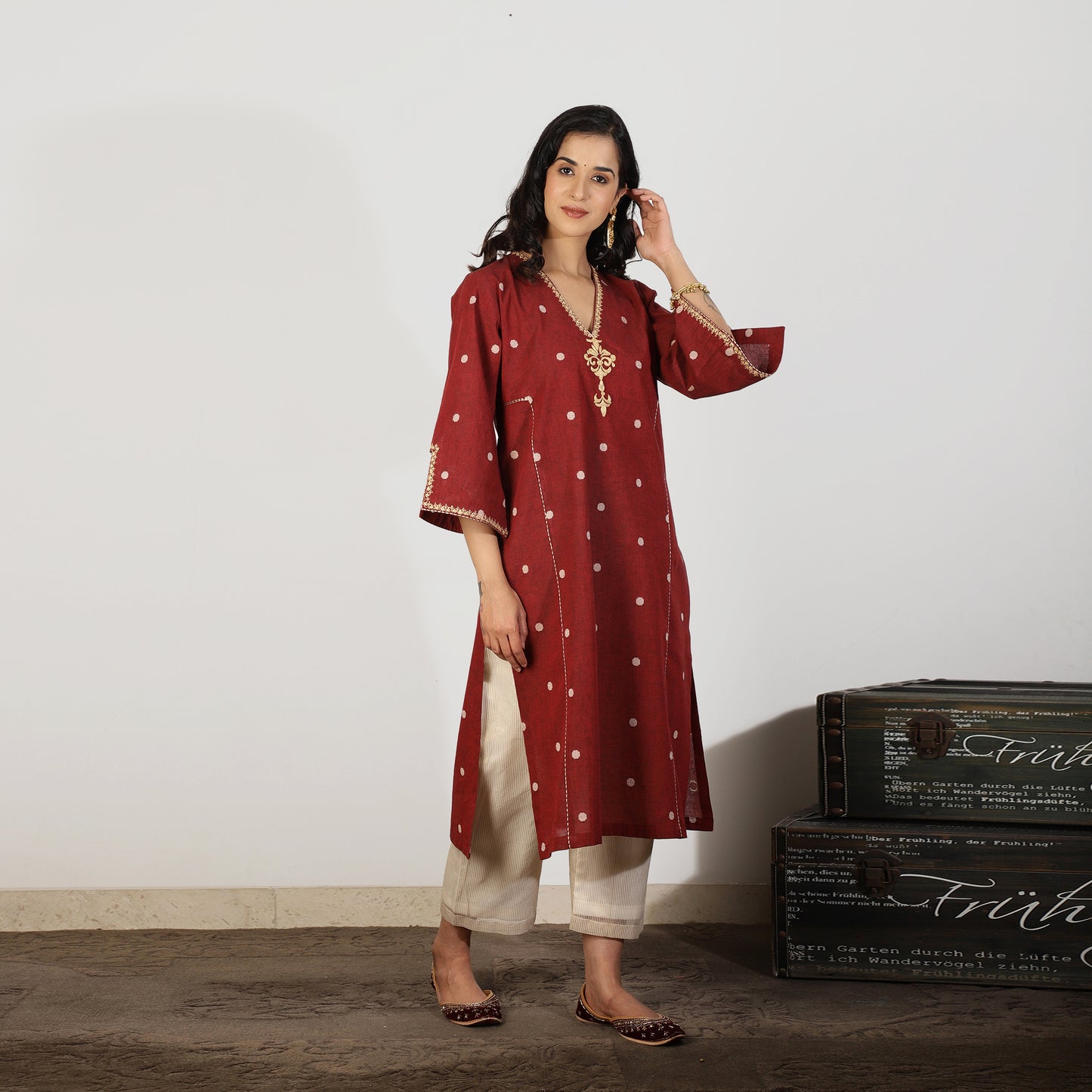 Maroon South Cotton A-line kurta set with Tissue Chanderi pants and dupatta