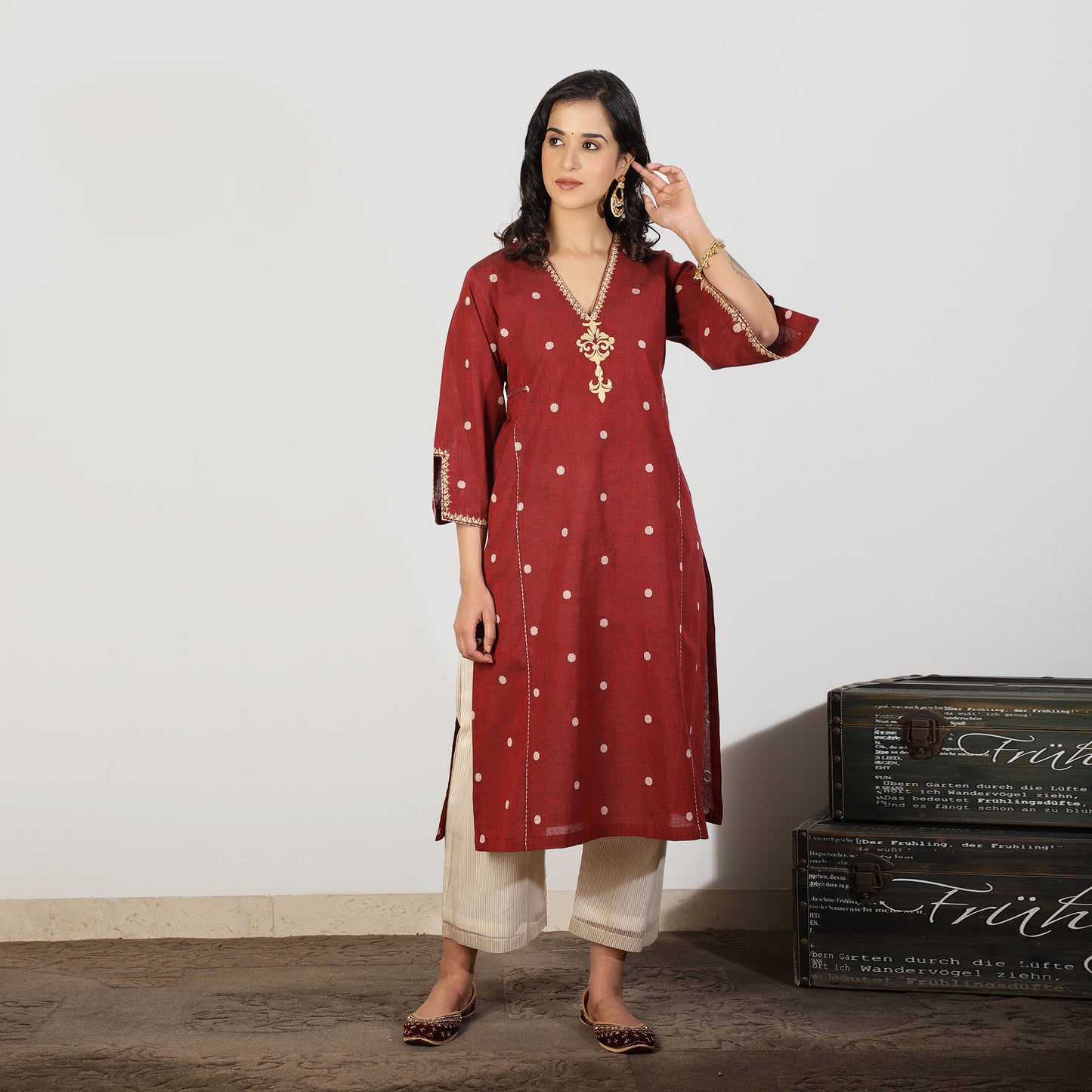 Maroon south cotton A-line kurta - Spring Soul