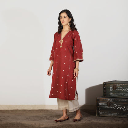 Maroon South Cotton A-line embroidered kurta set with Tissue Chanderi pants