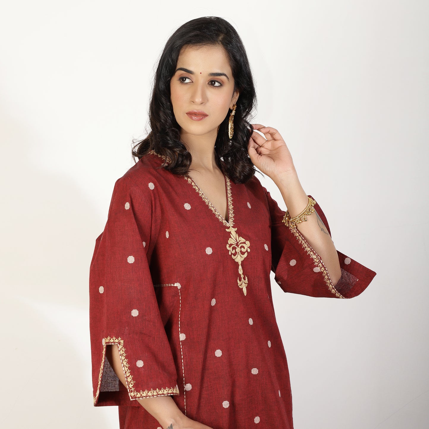 Maroon South Cotton A-line kurta set with Tissue Chanderi pants and dupatta