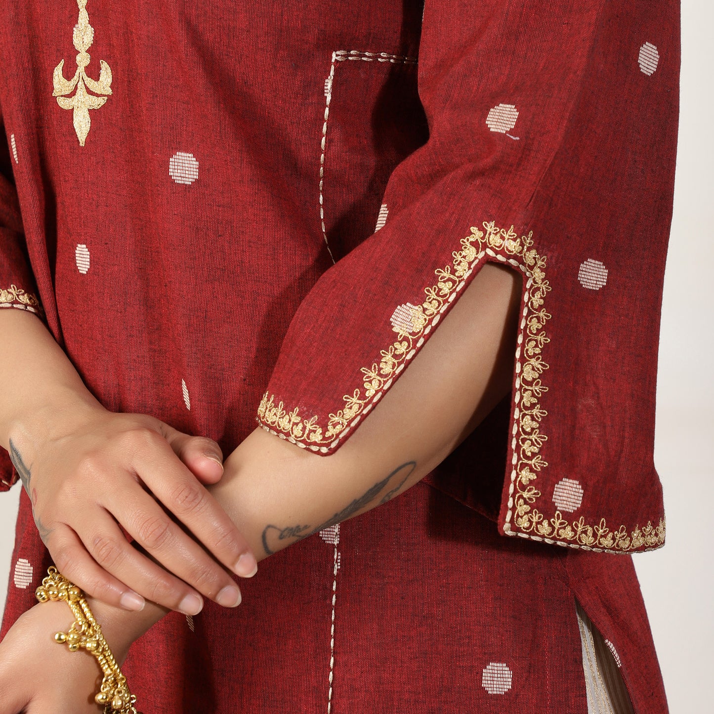Maroon South Cotton A-line embroidered kurta set with Tissue Chanderi pants