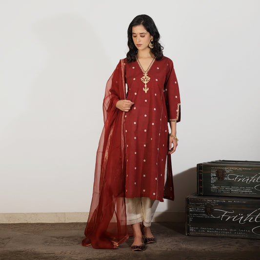 Maroon South Cotton A-line kurta set with Tissue Chanderi pants and dupatta