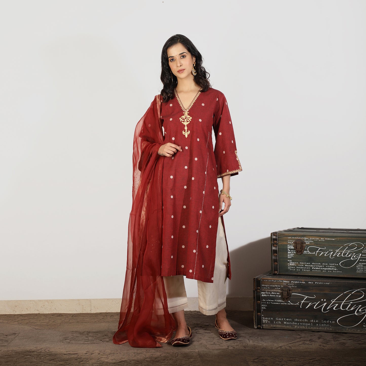 Maroon South Cotton A-line kurta set with Tissue Chanderi pants and dupatta