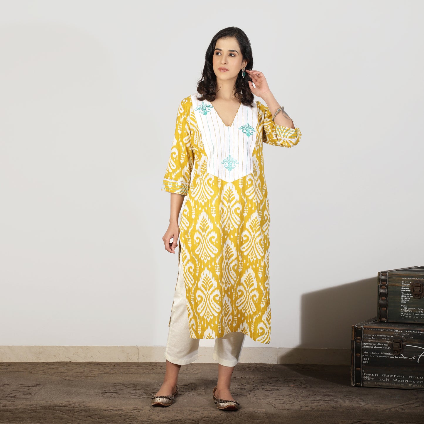 Yellow ikat kurta with embroidered yoke - Spring Soul