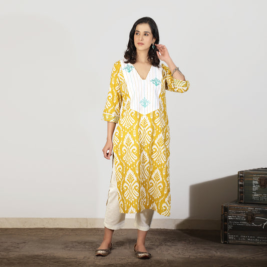 Yellow Ikat Kurta with Embroidered Yoke
